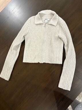 William Rast Beige Ribbed Zip-Up Collared Cardigan